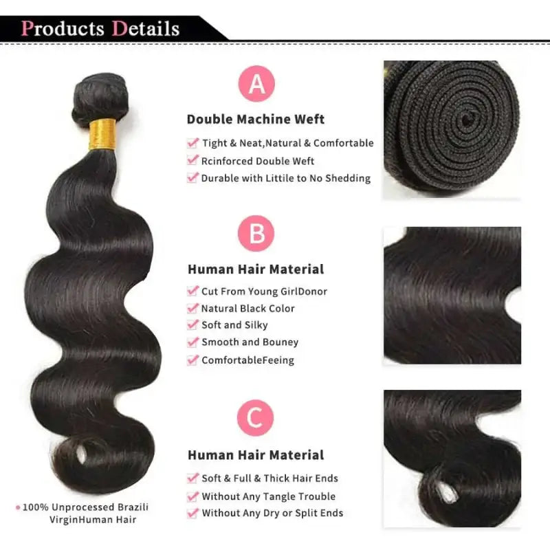 Body Wave Brazilian Hair Weave Bundles 100% Natural Black 3 PCS Bundles