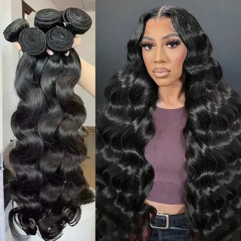 Body wave raw Brazilian hair bundle extensions, natural human hair look.
