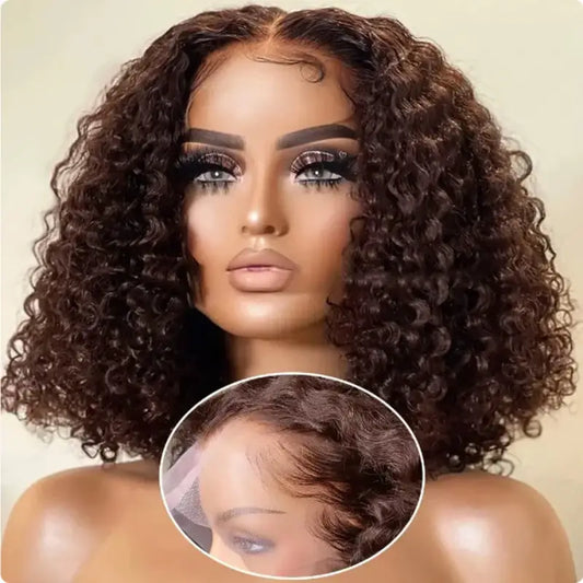 12A Chocolate Brown Kinky Curly Bob Deep Curly Lace Front Wig - Lace Wig