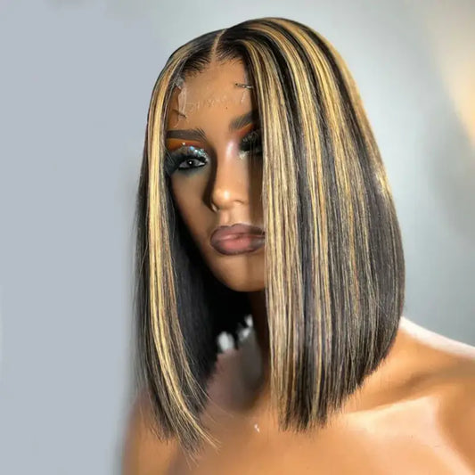 1B/27 ombre highlight lace front human hair wig with straight texture and natural hairline.