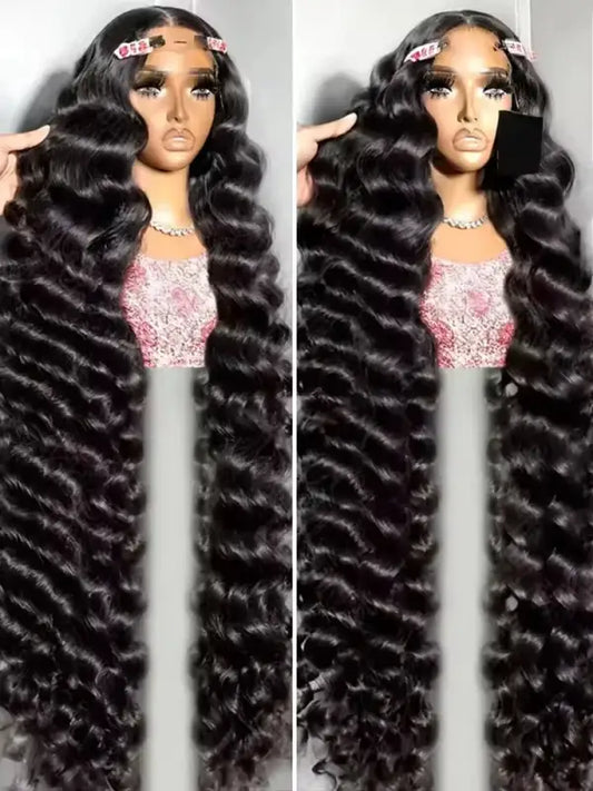 220 density loose wave HD lace front wig with Brazilian deep curly hair.