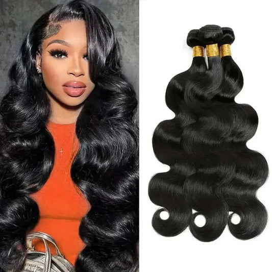 Body Wave Brazilian Hair Weave Bundles in natural black with Remy quality, 3-piece set.