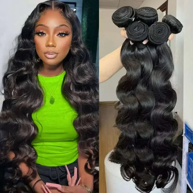 Body wave Brazilian hair weave bundles in natural black, 100% unprocessed, loose wave texture.