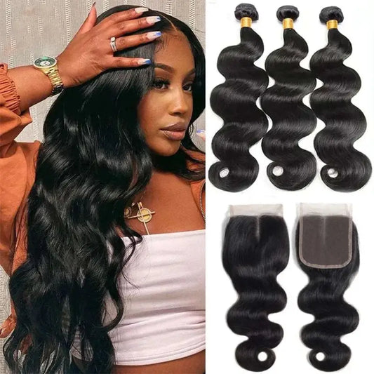 Body wave bundles with HD transparent lace closure, high-quality Brazilian virgin human hair.
