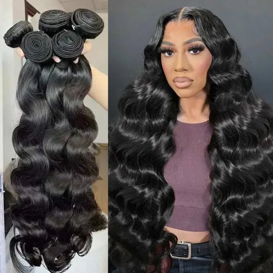 Body wave raw Brazilian hair bundle extensions, natural human hair look.