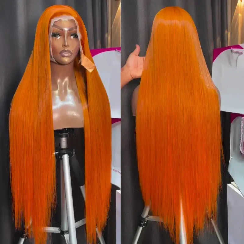 Straight orange ginger HD lace frontal wig made of Brazilian human hair.